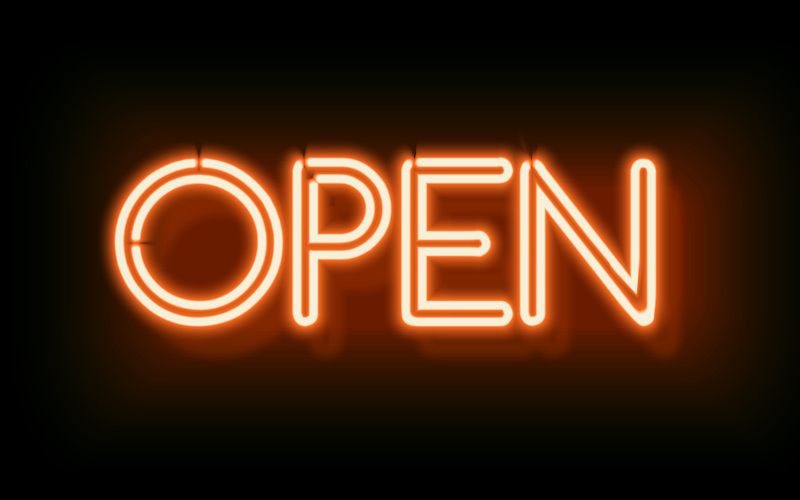 open neon glow sign red