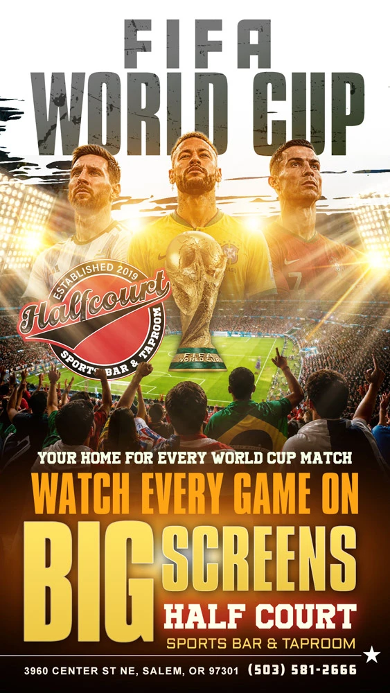 Fans watching FIFA World Cup 2026 soccer games at Half Court Sports Bar & Taproom in Salem Oregon with big screens food drinks and game day atmosphere.